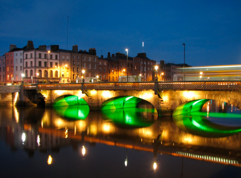 A night scene of a bridge over the river Liffey in Dublin.