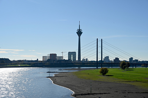 Düsseldorf, November 13, 2022 - Rhine tower, Rhine knee bridge and the Düsseldorf \