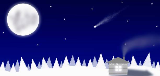 istock Night winter landscape with full moon, shooting star in the sky. 1442225414