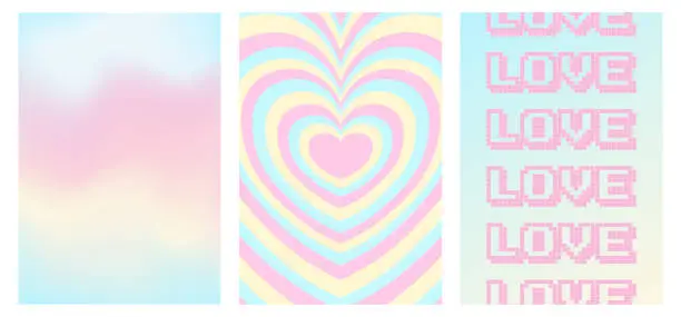 Vector illustration of set of y2k style posters, 1990s 2000s nostalgia, heart, gradient background, trendy glamorous vector illustration, pastel candy colors