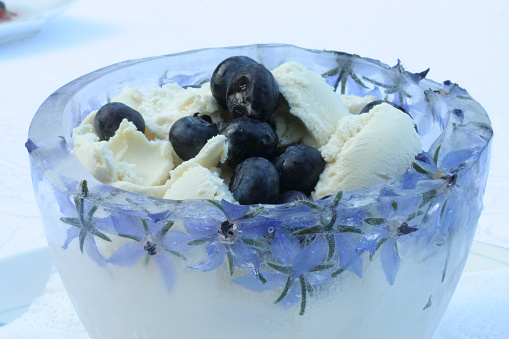 beautiful ice bowl with embedded borage flowers and holding ice cream and blueberries