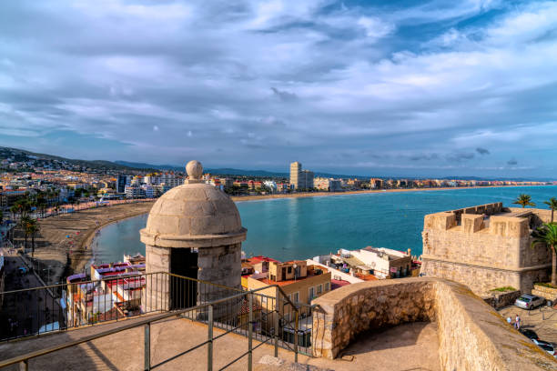 View of Peniscola castle, town and coast Costa del Azahar Spain stock photo