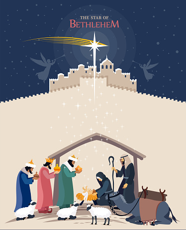 The Birth of Christ. Holy Night. Nativity Scene Poster. Three Wise Men. Christmas Star.