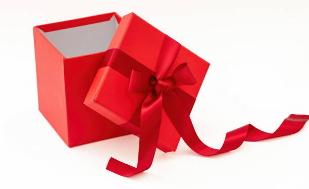 istock Red gift box with ribbon and bow open isolated on white background, 1442231256