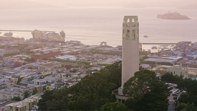 AERIAL San Francisco and Coit Tower at dusk