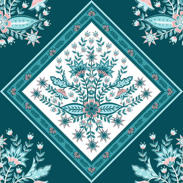 indischer blumen-paisley-mustervektor. vintage tropische blumen motiv für seidenschal stoff - backgrounds green pink silk stock-grafiken, -clipart, -cartoons und -symbole