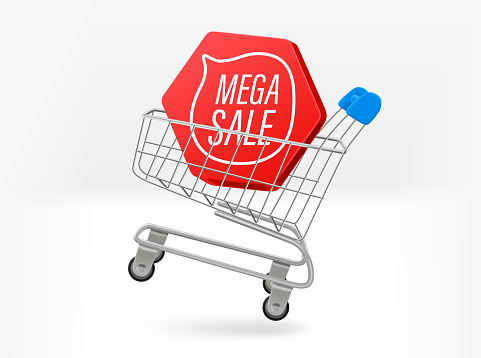 Shopping cart with discount shopping tag. 3d vector isolated illustration