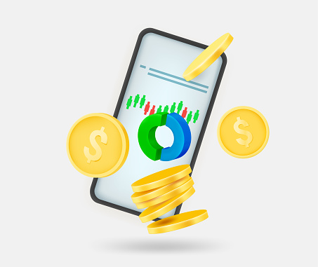 Online trading concept with mobile phone, chart and coins. 3d vector isolated illustration