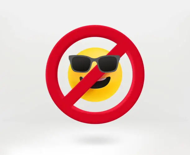 Vector illustration of No sunglasses concept with emoji. 3d vector illustration