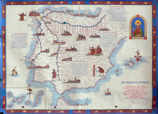 Wall map with El Camino pilgrimage routes to be found on the nothern route on a wall near Leon, Spain. stock photo
