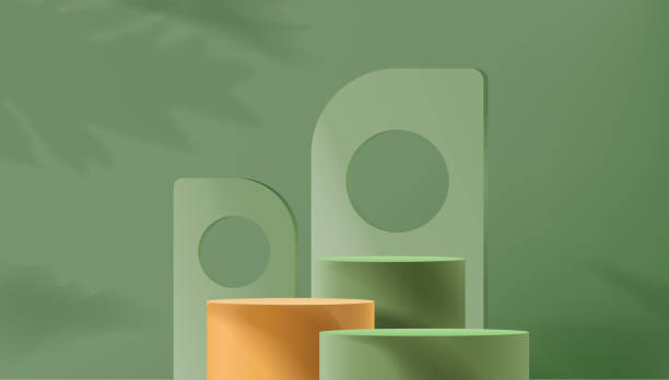 istock Abstract 3D cylinder pedestal podium with geometric cube platform. Light minimal wall scene with circle window lighting. Modern vector rendering for product presentation. 1442237958
