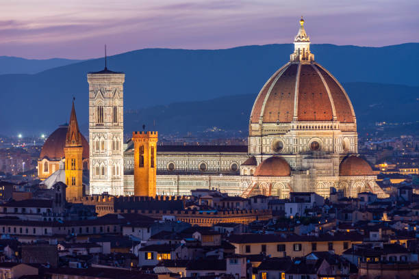 Florence Cathedral (Duomo) over city center at sunset, Italy stock photo