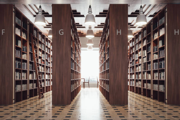 interior de la biblioteca moderna - biblioteca fotografías e imágenes de stock