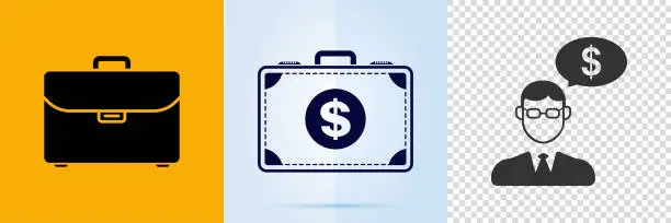 Vector illustration of Briefcase, a suitcase full of money, and businessman icons.