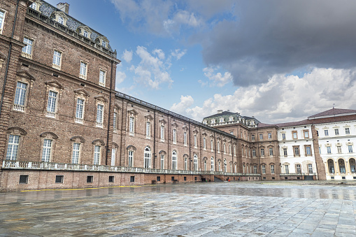 Venaria, Italy - 05-06-2022: The beautiful facades of the Royal Palace of the Savoy in the Venaria Reale