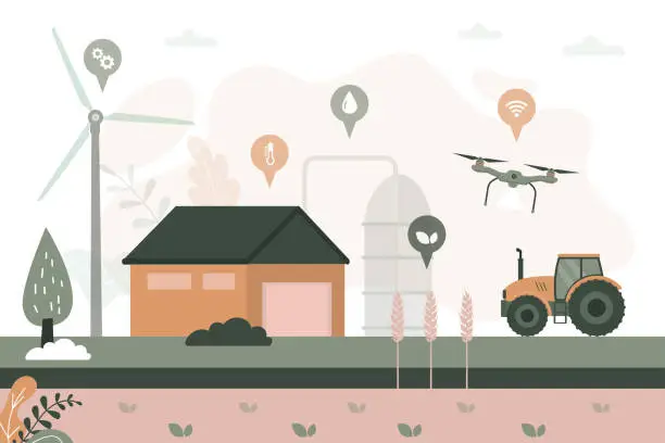 Vector illustration of Modern agriculture technology. Smart farming concept. Wireless remote control. Artificial intelligence working on farm. Innovation on farm. Countryside, farmland view.