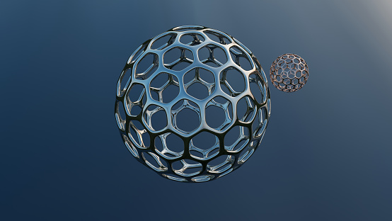 3D rendering - two latticed metal balls symbolizing the Earth and the Moon.