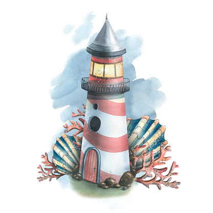 Lighthouse with seashells and corals on the background of watercolor washes. Watercolor illustration. A composition from the SYMPHONY OF THE SEA collection. For decoration and design