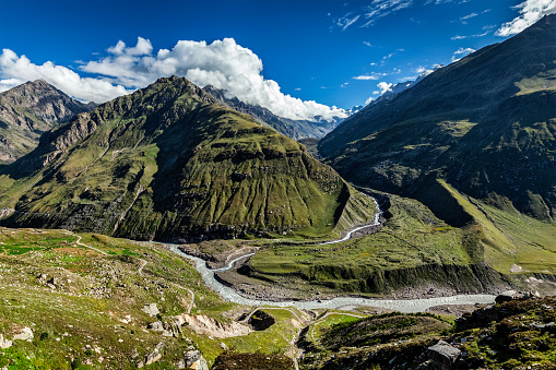 View of Lahaul valley from descend from Rohtang La pass. Himachal Pradesh, India