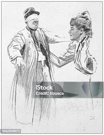 istock Antique image: French Comedy actors and characters, Carpentier and Mademoiselle Maupin 1442249073
