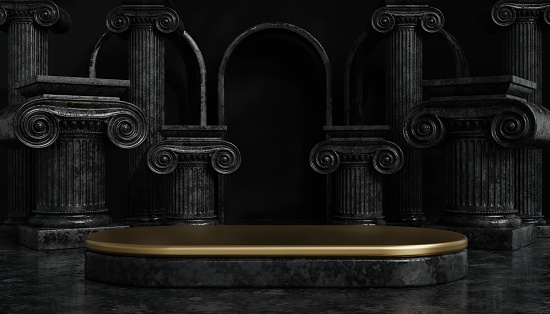 3d black  friday sale classic luxury podium with roman column for product background podium classic style  for show cosmetic podructs display case on background.
