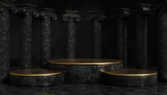 3d black  friday sale classic luxury podium with roman column for product background podium classic style  for show cosmetic podructs display case on background.