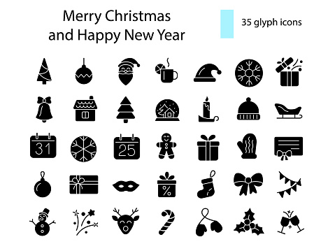 Merry Christmas and Happy New Year glyph icons collection. Santa Claus and candle. Gingerbread man, present and deer. Season winter decoration. Black silhouette symbols set. Vector stock illustration