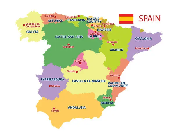 Vector illustration of Colorful political Spain map with regions and main cities