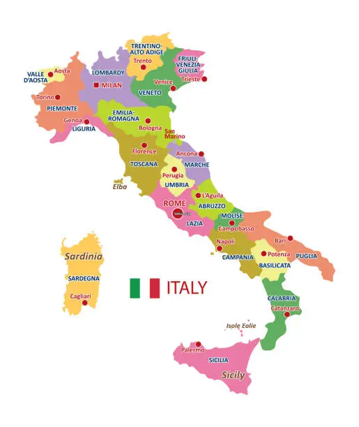 Vector illustration of Italy map with regions and main cities