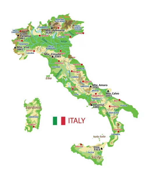 Vector illustration of Italy map with rivers, lakes and mountains