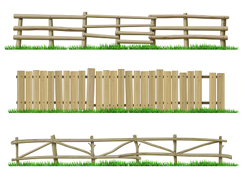 Set of classic sections of wooden fences and railings for a farm. Vector graphics. Old wooden fences made of sticks