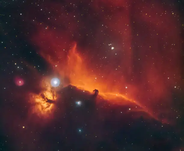 The Flame and Horsehead Nebula in the Constellation of Orion, seen in both visible light and in Hydrogen Alpha Spectrum