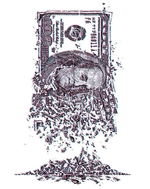 Vector illustration of Dissolving American One Hundred Dollar Bill and Inflation - Economics with Glitch Technique