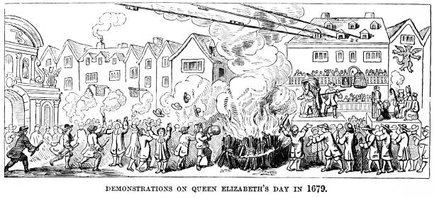 ilustraciones, imágenes clip art, dibujos animados e iconos de stock de disturbios anticatólicos en el día de la reina isabel de 1679, historia británica del siglo 17 - jacobo ii de inglaterra