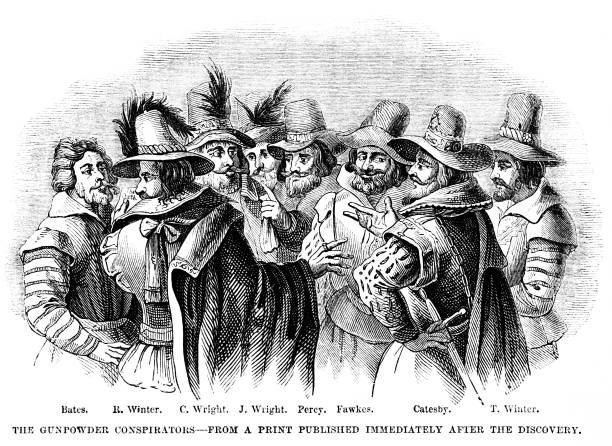 spisek prochowy z 1605 roku, guy fawkes, 17-wieczna historia wielkiej brytanii - james i stock illustrations