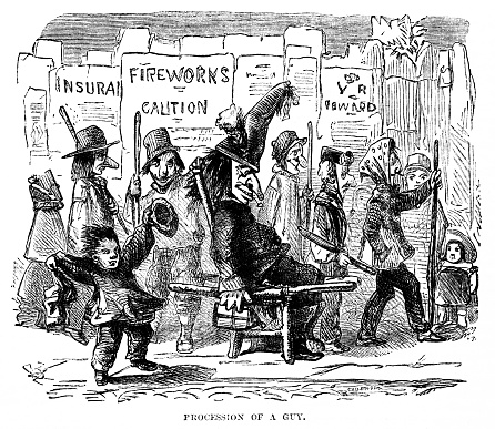 Guy Fawkes Day celebrates the Gunpowder Plot of 1605, called the Gunpowder Treason Plot or the Jesuit Treason, was a failed assassination attempt against King James I by a group of English Catholics. Illustration published 1863. Original edition is from my own archives. . Copyright has expired and is in Public Domain.