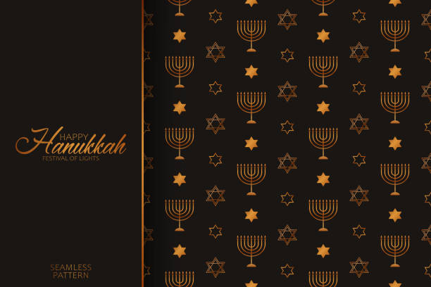 Greeting design for Hanukkah Jewish holiday. Festive seamless pattern with many golden candlesticks and stars of David on the black background for Hanukkah Jewish holiday. Luxury texture for banner, wallpaper, card or poster. magen david adom stock illustrations