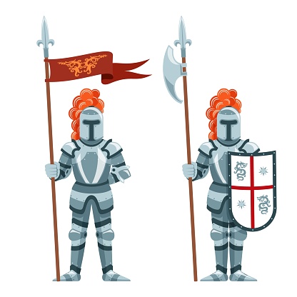 Medieval knight with halberd and shield. Knight guard with a spear. Vector isolated