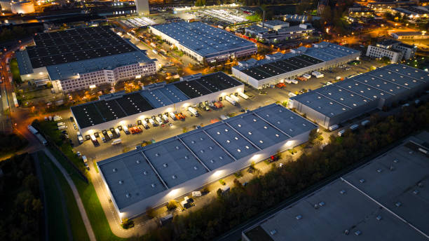 Distribution warehouse at dusk - aerial view