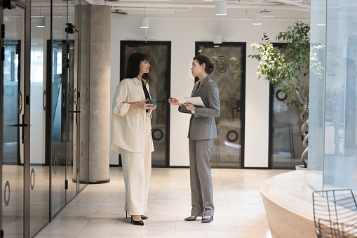 Two attractive female colleagues talking standing in modern office hallway, millennial businesswomen professionals discussing project having business conversation during workday in cozy work space