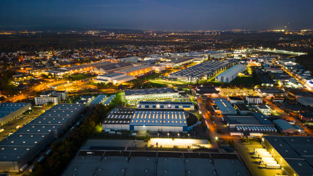 istock Industrial district at dusk - aerial view 1442260318