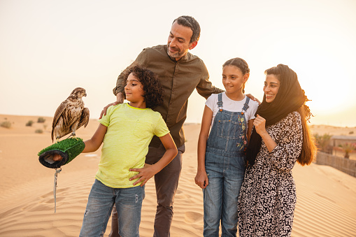 Portrait of a Middle Eastern family outdoors learning about falconry as the youngest daughter holds a falcon on her hand in Dubai.