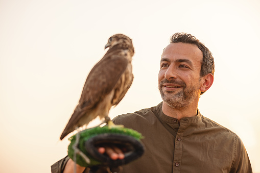 Middle Eastern male looking the falcon on his hands in Dubai.