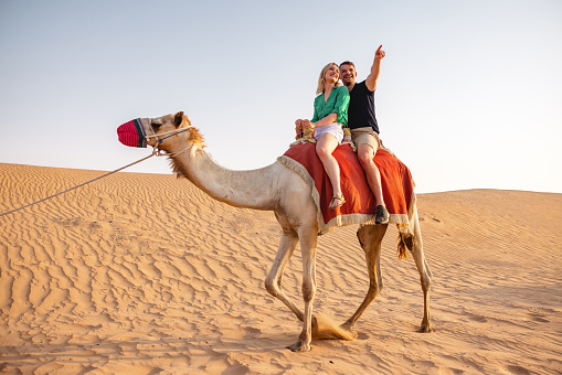 A happy couple on the back of a camel, discovering the dunes of the desert in Dubai.
