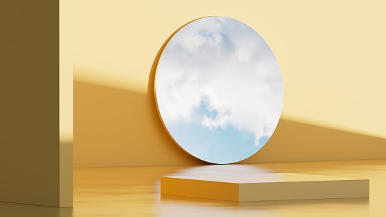 3d podium with sky in mirror. Yellow colors.
