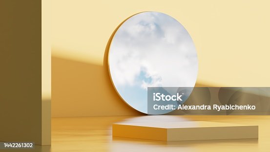 istock 3d podium with sky in mirror. Yellow colors. Modern platform for product or cosmetics presentation. Bright contemporary backdrop. Render scene. 1442261302