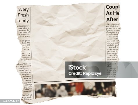 istock Crumpled, torn-out section of newspaper page with blank space for your copy 1442261719