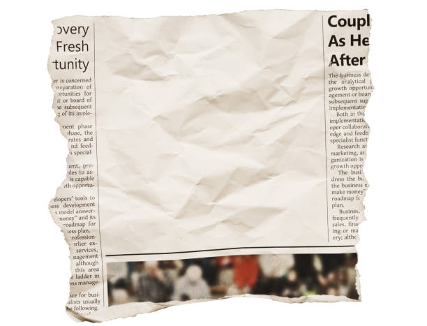 crumpled, torn-out section of newspaper page with blank space for your copy - cut or torn paper paper torn old imagens e fotografias de stock