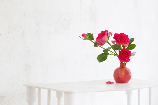 pink roses in pink vase on background old white wall