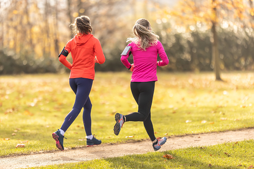 Two young fitness women running in the autumn park.